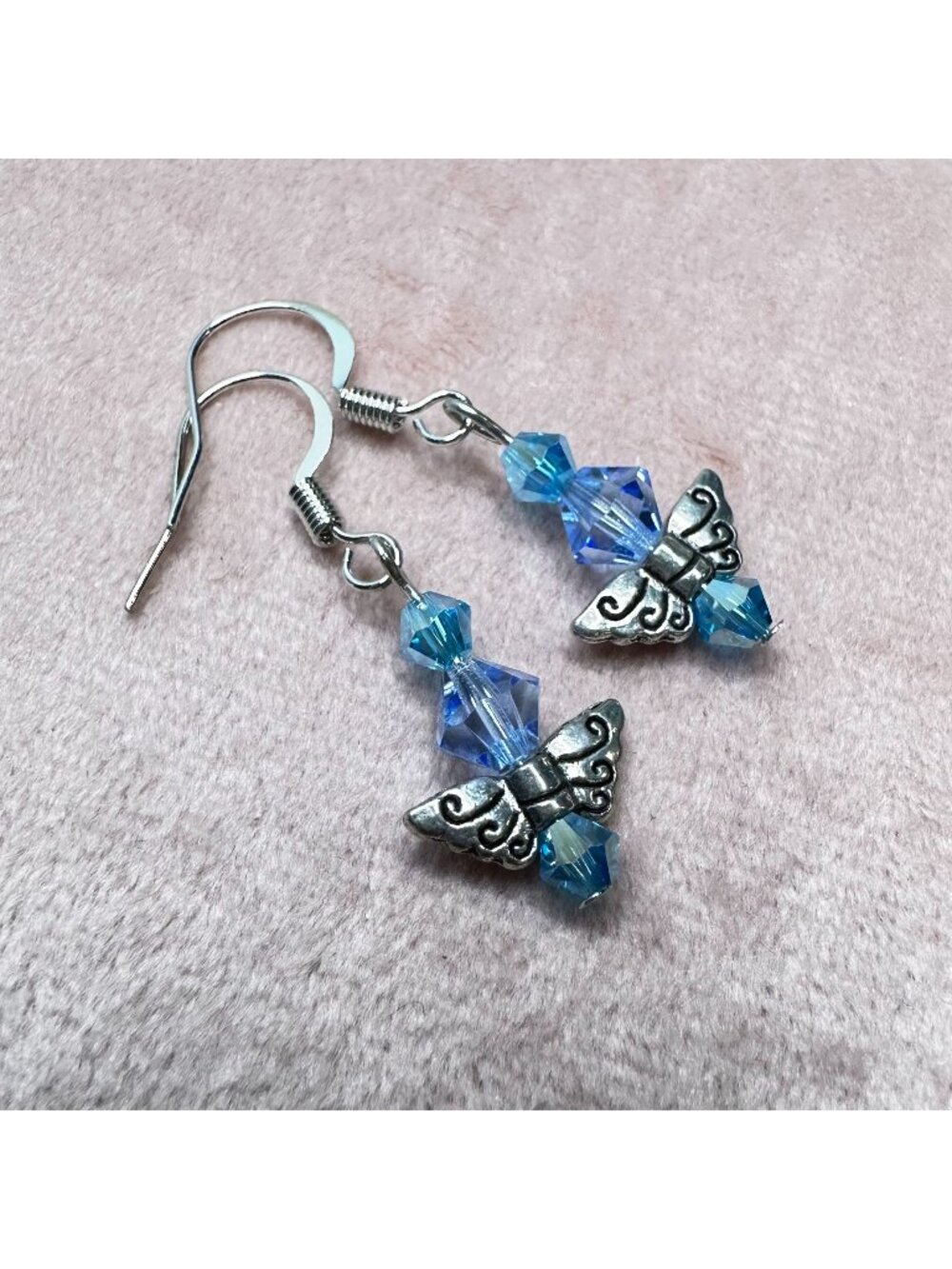 Handmade Austrian Crystal Butterfly Earrings In Blue & Silver-Tone Metal